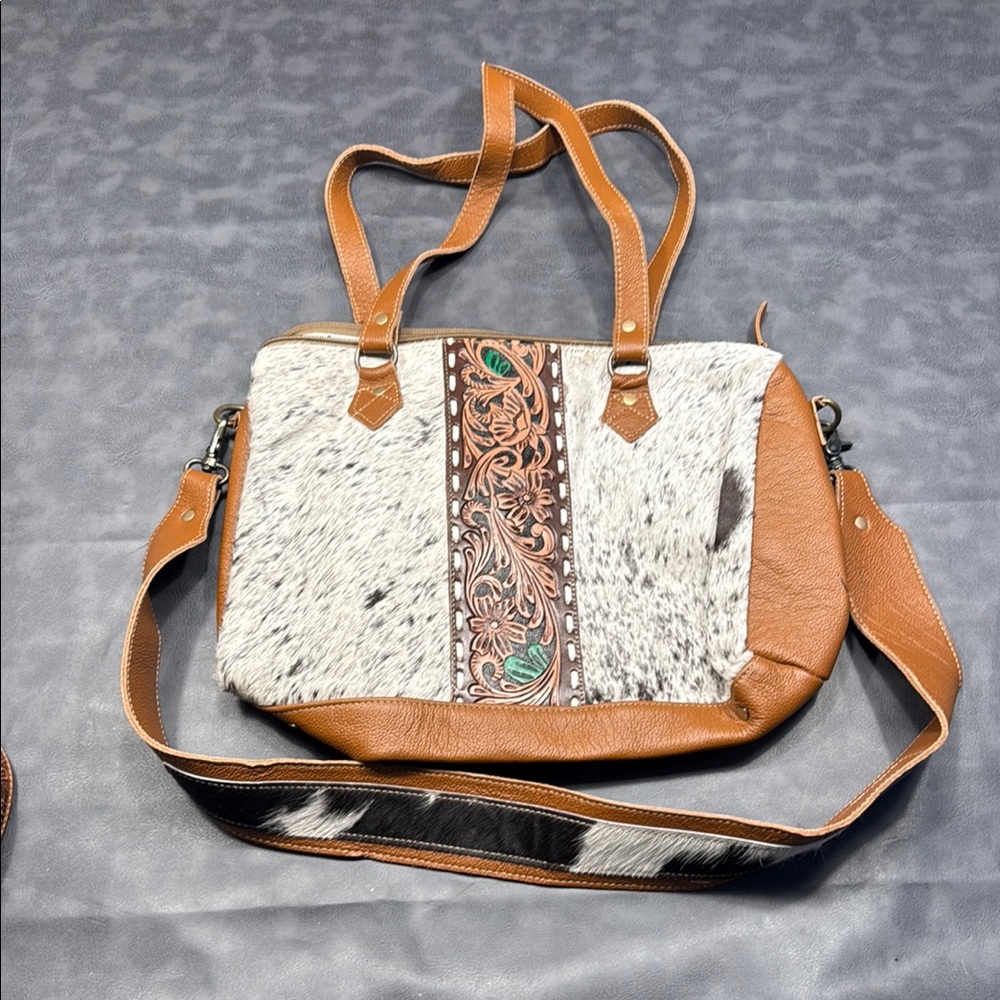 Myra Bag Tan and White Shoulder Bag with Patterned Accent